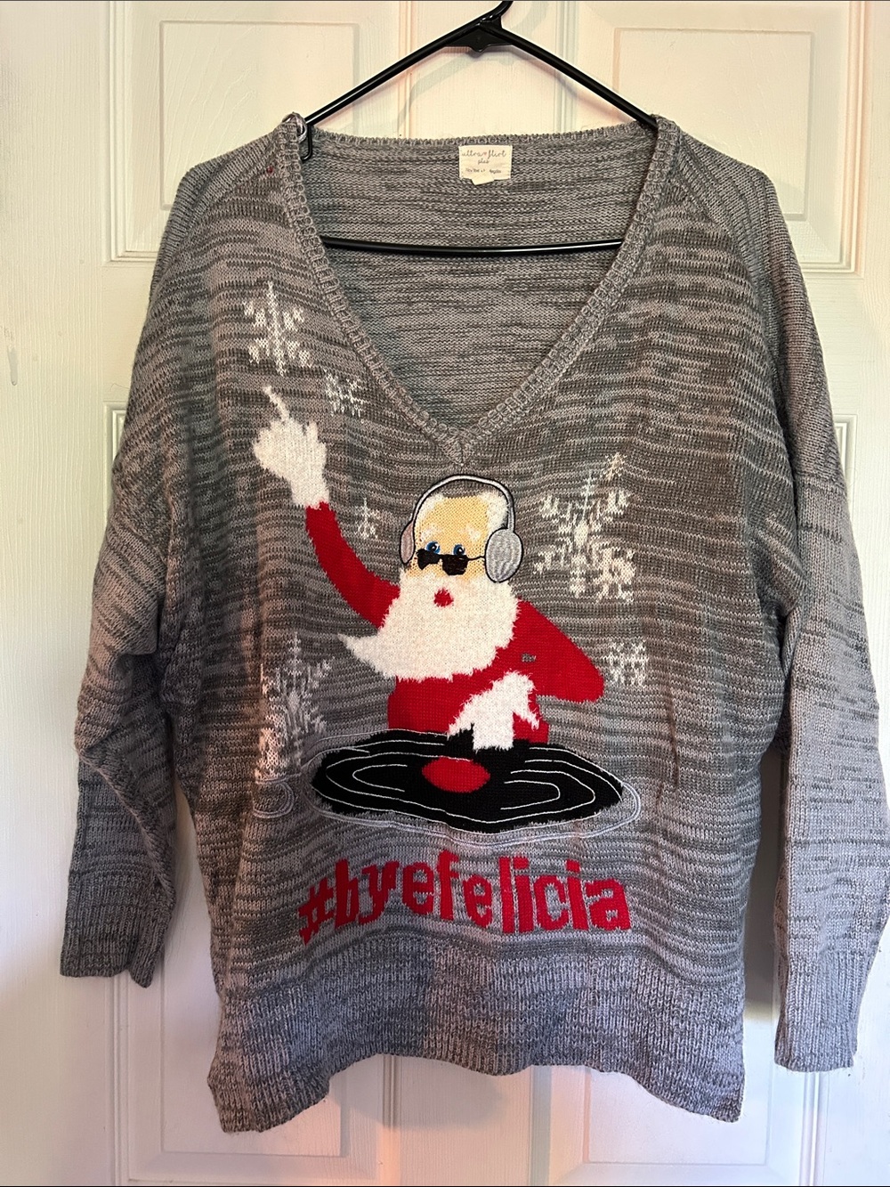 Ultra Flirt Grey V-Neck “Ugly” Holiday Sweater with Red Santa DJ Graphic